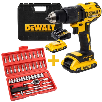 KIT TALADRO ORIGINAL INALÁMBRICO DEWALT CON 2 BATERIAS + ACCESORIOS + JUEGO CAJA SET DADOS CHICHARRA 46 PCS