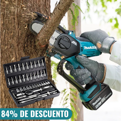 KIT MOTOSIERRA MAKITA PORTÁTIL + 2 BATERÍAS ADICIONALES + CAJA DE HERRAMIENTAS CON 108 PIEZAS